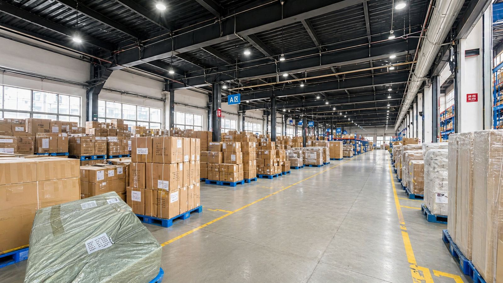 Modern China logistics warehouse with cartons and pallets